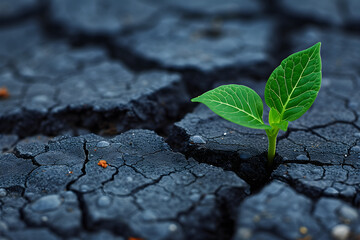  green plant sprouting from cracked earth, symbolizing hope and renewal amidst adversity. Perfect for environmental themes, such as climate change, sustainability, and conservation - obrazy, fototapety, plakaty