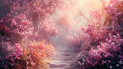 Plexiglas foto achterwand Enchanted Pathway Through Blooming Pink Azaleas © JoseLuis