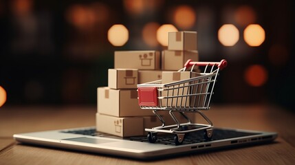 Online shopping: laptop with shopping cart boxes, e-commerce, marketplace, tech, delivery & payment - obrazy, fototapety, plakaty