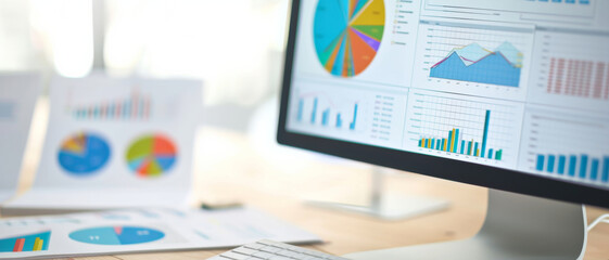 Focused workspace with a computer monitor displaying vibrant graphs and charts, embodying data analysis