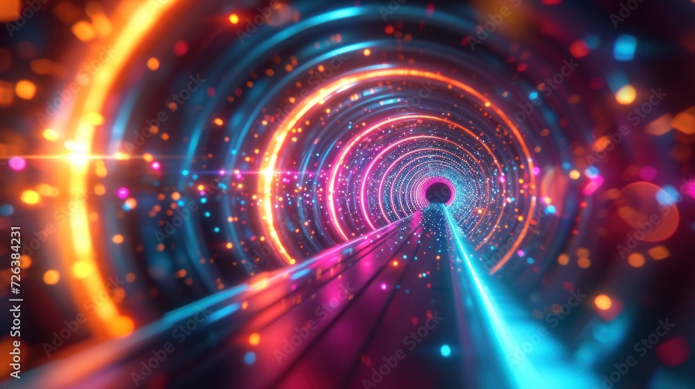Poster abstract vibrant light tunnel with glowing lines and bokeh effect
