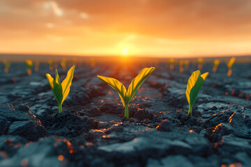 Young plants sprouting from cracked earth at sunrise, symbolizing hope and renewal. Perfect for...