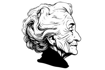 Cute smiling granny hand drawn ink sketch. Engraved style vector portrait. Design for logotype.