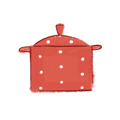illustration with red cooking utensils, red with polka dots print. a picture of kitchen utensils drawn with a pencil by hand.