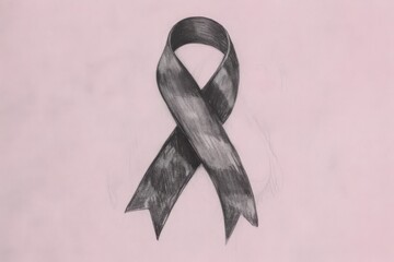Hand-drawn black breast cancer ribbon on a pink background, symbolizing mourning and remembrance