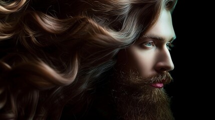 A man with beard and with long hair flying in the wind in fashion editorial style. Men's modern hairstyle