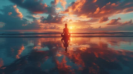 Foto op Plexiglas A person practicing yoga on a serene beach at sunset.  © Dushan