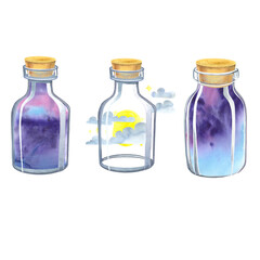 set of bottles painted in watercolors by hand. Blue glass bottles, liquid containers