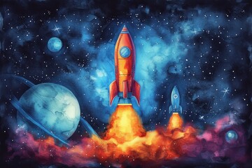 Vivid Watercolor Illustration of Rockets Launching Into a Starry Space Vista