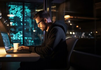 In this ominous snapshot, a hacker orchestrates digital mayhem using a laptop in a dimly lit office, embodying the clandestine world of cyber threats.Generated image