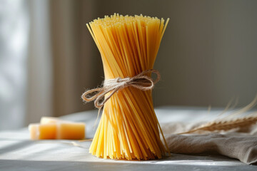 bundle of raw spaghetti tied with rustic twine, with cheese cubes and wheat, evokes the simplicity and tradition of Italian cooking