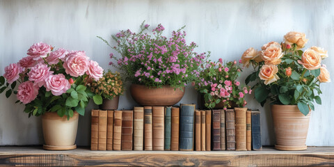 Fototapeta na wymiar An antique bookshelf decorated with a vintage bouquet, combining the wisdom of literature and the beauty of nature.