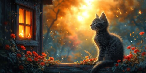 Serene Twilight Scene With a Grey Cat Sitting by a Glowing Window Amongst Flowers
