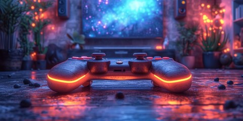 Illuminated Gaming Controller on a Wooden Floor During Evening Gaming Session