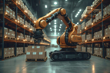 industrial robotic arm efficiently maneuvering packages in a modern automated warehouse, showcasing advanced technology and automation in logistics - obrazy, fototapety, plakaty