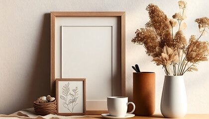 Empty wooden picture frame mockup hanging on beige wall background. Boho shaped vase, dry flowers on table. Cup of coffee, old books. Working space, home office. Art, poster display. M. Generative AI. - obrazy, fototapety, plakaty