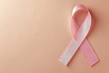 A soft pink breast cancer awareness ribbon elegantly positioned on a beige backdrop