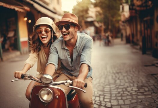 A happy couple shares the joy of a sunny scooter ride through the charming streets of Italy, embracing the warmth of summer and the bliss of exploring together
