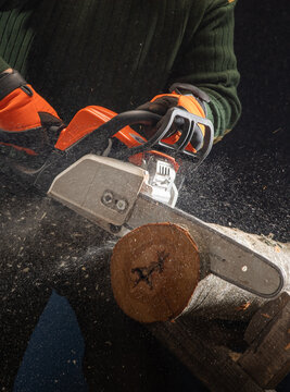 The worker cutting the tree with a chainsaw