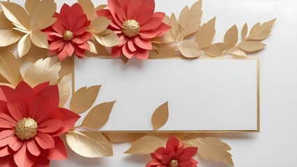 glossy gold and red paper flowers with a place for text. background