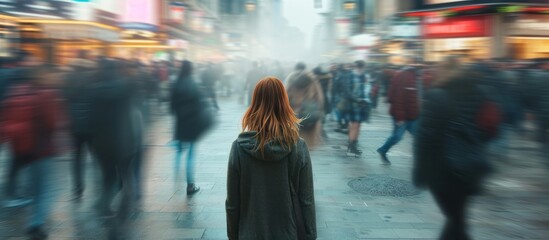 Blurred image shows a crowd in motion on a city street, while a young depressed woman stands alone.