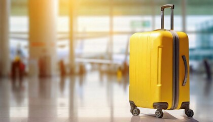 Bright yellow suitcase in the airport. Travel by flight. Blurred background with copy space.