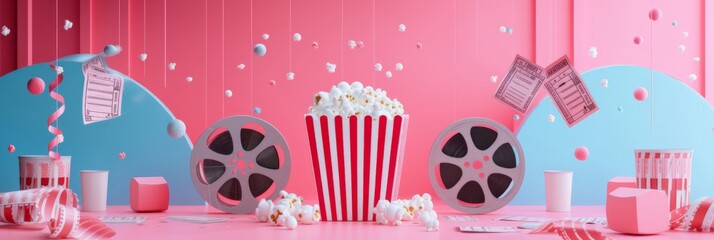 Whimsical cinema setup with popcorn mid-air, film reels, flying tickets against pink backdrop - obrazy, fototapety, plakaty