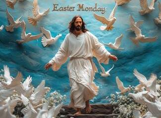 Easter monday with jesus christ: celebrating faith, renewal, and joy in the risen Savior's love, a day of Christian worship, tradition, and festive spirituality for family and believers alike. - obrazy, fototapety, plakaty