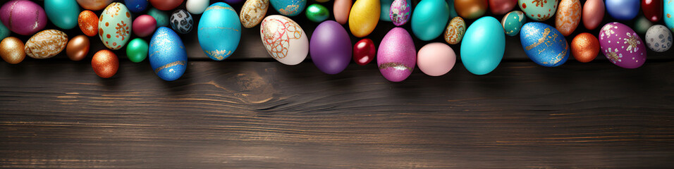 Obraz na płótnie Canvas Easter eggs on wood background. Top view background with copy space. Happy Easter. Greeting card.