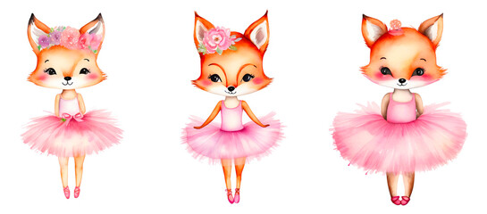 set of 3 ballerina foxes with tutu skirts drawing PNG on transparent background stock illustration