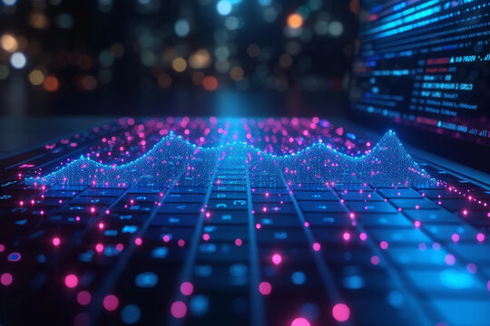 Abstract digital data visualization with glowing blue and pink lights over a laptop keyboard, representing technology and analytics