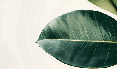 A detailed close up of a large rubber plant leaf against a white background,