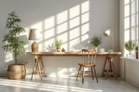 serene home office setup featuring a wooden desk, natural light filtering through the window, and indoor plants