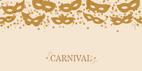 Gold carnival vector greeting banner with masks and confetti, elegant holiday backgorund concept