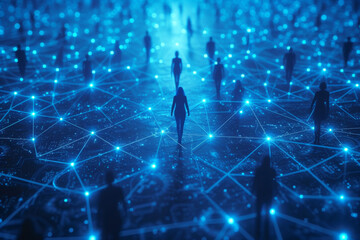 digital representation of a network connecting silhouetted human figures with glowing nodes, symbolizing social media or global communications - obrazy, fototapety, plakaty