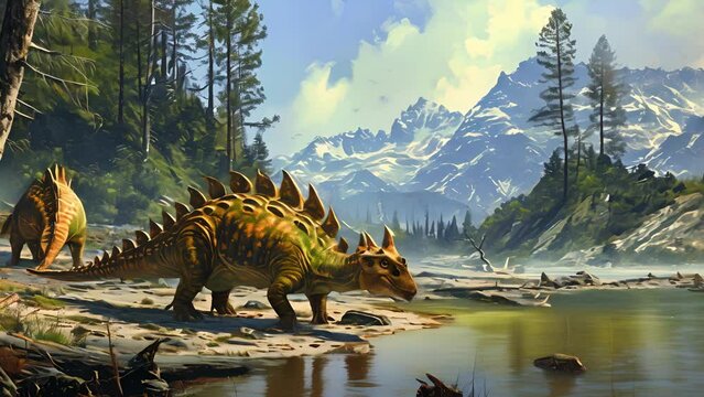 A group of ankylosaurs gathered around a natural hot spring enjoying the rejuvenating benefits of the mountain water.