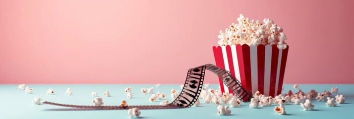 Red striped popcorn box with spilling kernels and film strip lies on a serene pink movie evening