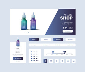 Cosmetic user interface, experience. Aesthetic shopping app UI design in blue and purple tones, 3d illustration