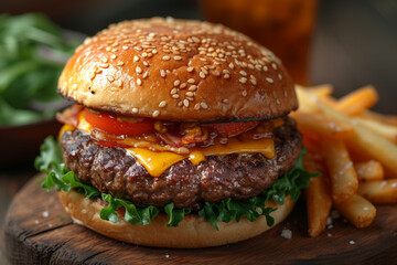 mouth-watering gourmet burger with bacon, cheese, and tomato, served with golden fries on a rustic wooden board