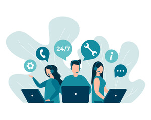 Customer service, hotline operators advise customers. 24 7 global online technical support, call center, call processing system. Vector isolated EPS 10 .