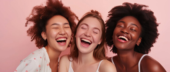 Three young women laughing together, an image of diverse friendship and joy.