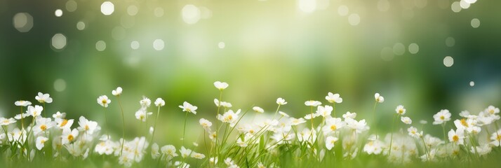 Colorful spring banner panoramic white wildflowers at green field, sun rays background bokeh. Pure air light spring template with space for text. Greeting card or banner. Freshness, carefree new life