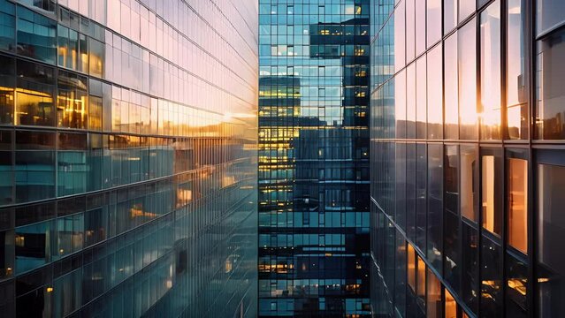 A symphony of light and shadow unfolds during the golden hour casting a beautiful glow on a network of interlocked office buildings.