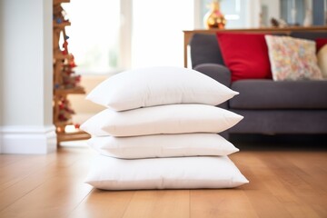 a pile of fluffy white cushions on a carpeted floor