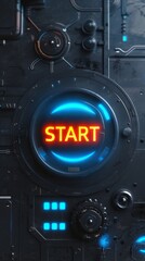 A futuristic 'Start' button illuminated in blue and red on tech panel, high-tech initiation