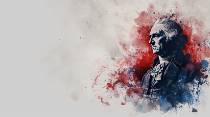 A sketch of Thomas Jefferson, with red and blue color splatter with copy space - AI Generated Abstract Art