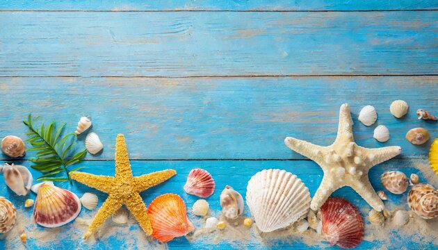 Beach scene concept with different sea shells and starfish on blue wooden background.