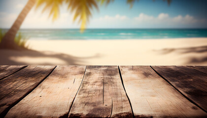 Empty wooden table over blurred sunny tropical beach background. Generative AI.