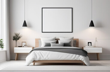 Fototapeta na wymiar Modern bedroom design in minimalist style with a frame for text or advertising