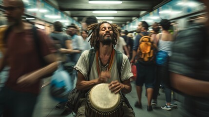 African musician playing a drum in a train station, motion blur. Man playing the drum. A busker surrounded by commuters in a bustling subway station, passionately playing a hang drum.  - obrazy, fototapety, plakaty